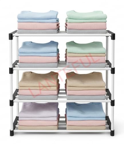 Image of 4 Tier Plastic Shelf Organizer for Wardrobe, Adjustable Almirah Divider for Clothes Storage, Multipurpose Cupboard Rack,Multi use Bookshelf,Collapsible Wardrobe,Kids Rack Cabinet Children stand
