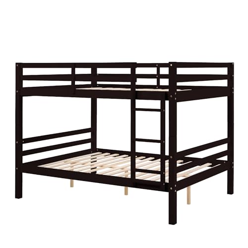Image of Full Over Full Bunk Bed with Ladder, Solid Wood Bunk Bed with High Guardrail and Ladder for Kids, Teens, Dorm Rooms, and Guest Rooms, No Box Spring Needed, Espresso
