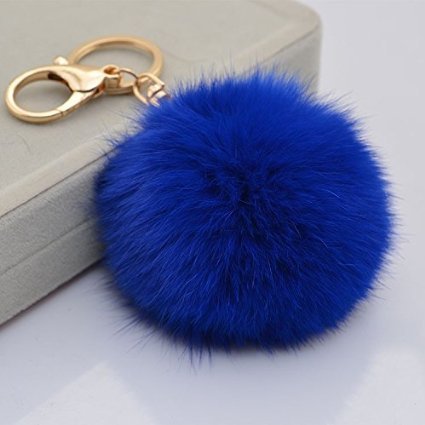 Minigianni Rabbit Fur Ball Pom Pom Keychain Gold Plated Keychain Pendant for Handbag Wallet Purse Car Key (Blue)