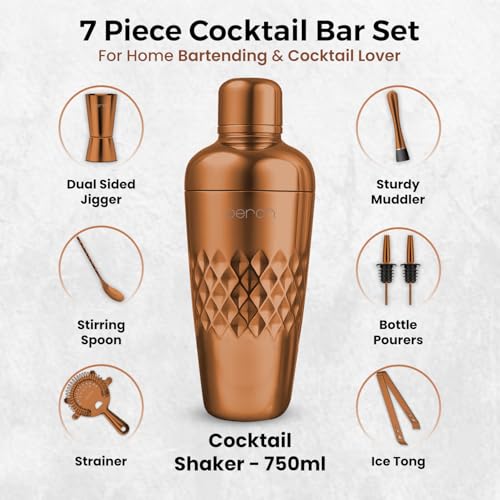 Image of O' Holic by Perch Craft 8-Piece Stainless Steel Bartender Kit|Premium Cocktail Shaker Set with Jigger 30 /60ml, Spoon,Pourer,Ice Tong, & Bar Tools|Professional Bar Set for Home &Tour Parties|Rose Gold