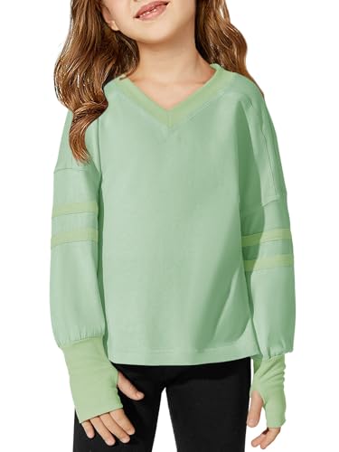 Image of Haloumoning Girls Oversized Long Sleeve T Shirts Kids Casual V Neck Cute Tops Basic Tees with Thumb Holes 4-14Y