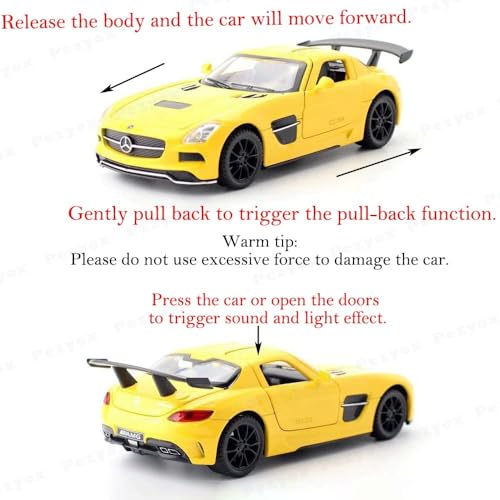 Image of 1:32 Benz SLS AMG Model Car Zinc Alloy Pull Back Toy with Sound & Light Fun for Kids, Boys & Girls Collectible Diecast Car for Ages 3+ (Yellow)