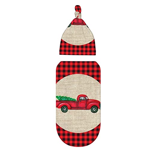 Image of Newborn Swaddle Blankets Hat Sets Soft Stretchy Vintage Red Truck Christmas Baby Stuff Receiving Blanket Gifts for Infant Baby Boy Girl
