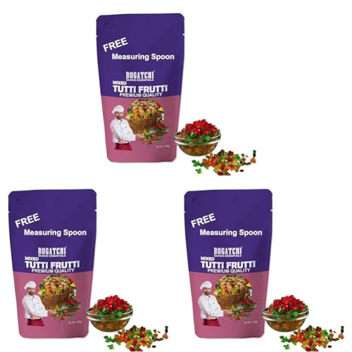 Image of BOGATCHI Mixed Tutti Frutti for Decorations, Sprinkles for Cakes and Ice-Creams, Mix Tutti Frutti Multicolor, Delicious and Tasty, 200g with Free Measuring Spoon (Pack of 3)