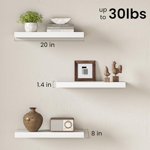Image of Fun Memories Floating Shelves, 20 Inch Floating Shelves, Wall Mounted Rustic Wood Shelf for Bathroom, Living Room, Bedroom and Kitchen, Hanging Shelf for Storage, Books, Home Decor, White - Set of 3