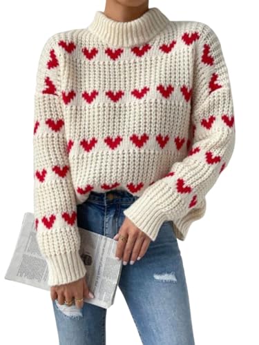 Image of ebossy Women's Cute Heart Cable Knit Pullover Mock Neck Long Sleeve Loose Sweater Top (L, Beige)