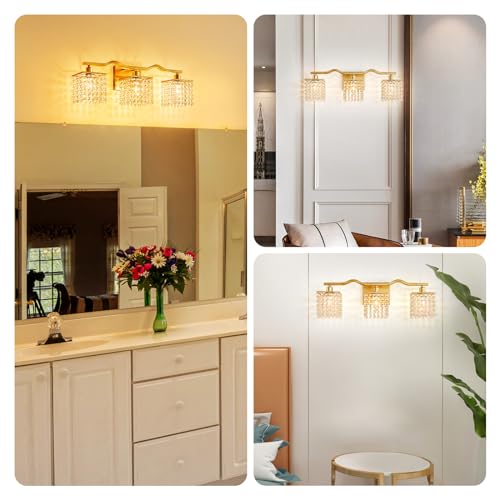 Image of WUZUPS 3-Light Bathroom Light Fixture Over Mirror Morden Vanity Wall Sconces Light Clear Crystal Drop for Bedroom Living Room, E12 Base, Gold
