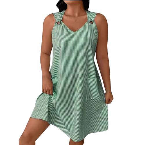 Vestidos para mujer, a rayas, bolsillos, tirantes, botones, casual, para fiesta, sol, salir, vacaciones, verde, XXL