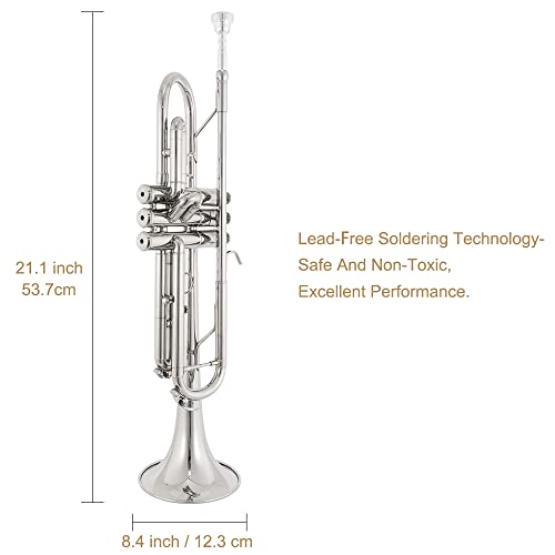 Yasisid Bb Standard Trumpet Set, Brass Adults Play Western Wind Instruments For Beginners Or Advanced Students, With Hard Case, Cleaning Kit, 7C Mouthpiece, Cloth And Gloves (Silver) #TOP3