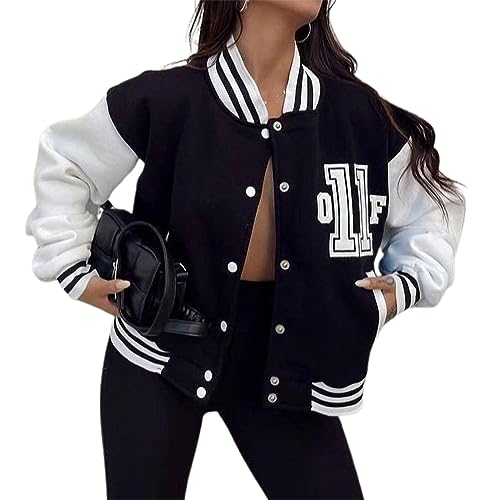 Women's Y2K Grunge Varsity Jacket Baseball Bomber Jacket Vintage Number Print Button Down Patchwork Racing Jackets