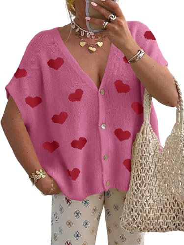 Saodimallsu Womens Cute Heart Valentines Cardigans Oversized Short Sleeve Button V Neck Lightweight Knit Sweater Tops