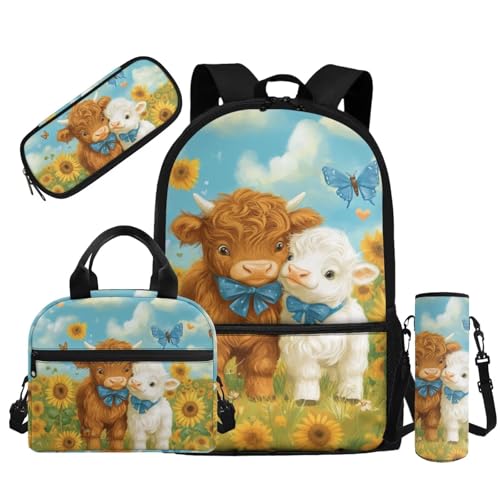 Highland Cow Cute Backpack for School Aesthetic 4 in 1 Cute Kids Lunchbag for School Kawaii Design Pencil Case with Slots for Primary School 17 Inch School Daypack