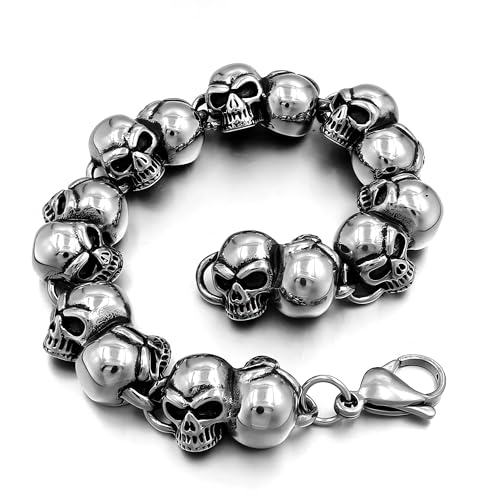 jonline24h Mens Stainless Steel Punk Rock Bracelet Bangle, Biker Gothic Skull, Silver 8.5 Inch