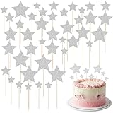 42 PCS Silver Star Cupcake Toppers, Glitter Twinkle Star Cake Picks, Wedding Engagement Baby Shower Birthday Party Cake Decorations Supplies, Mixed Size