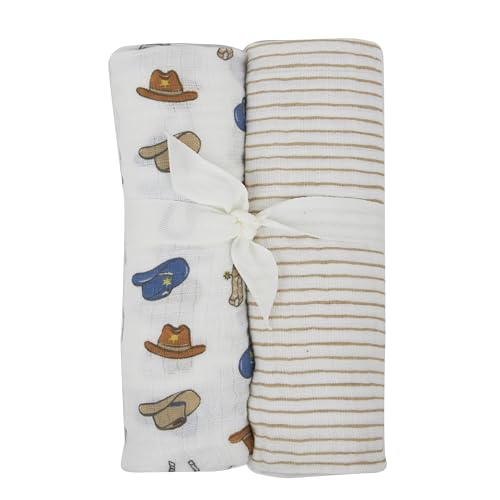 Image of Chick Pea Muslin Baby Blanket for Boy Large 36x40 2pack Cowboy Hat Striped