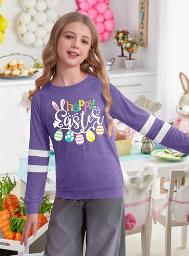 Image of Ithalt Kids Easter Shirts for Girls Cute Bunny Graphic Tshirt Easter Long Sleeve Tops 5-14y