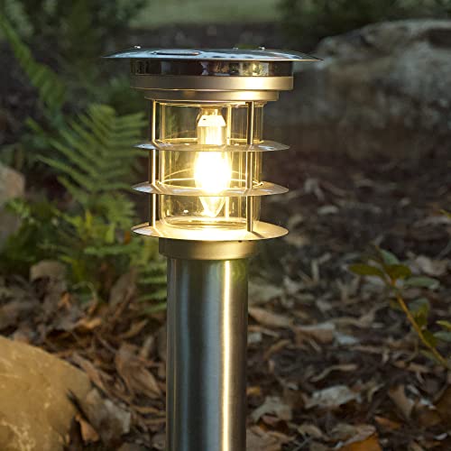 Gama Sonic Outdoor Bollard Solar Pathway Light, Silver Stainless And Glass, Auger Ez-Anchor For Dirt And Grass. 24.25-Inch Lamp Height, Sidewalk, Path, Driveway, 100 Lumens, 1 Pack (214801) #TOP2