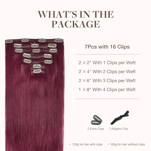Image of GOO GOO Clip in Hair Extensions Real Human Hair, Remy Human Hair Extensions Clip ins for Women, Natural Human Hair, 18inch 120g 7Pcs, 530 Burgundy