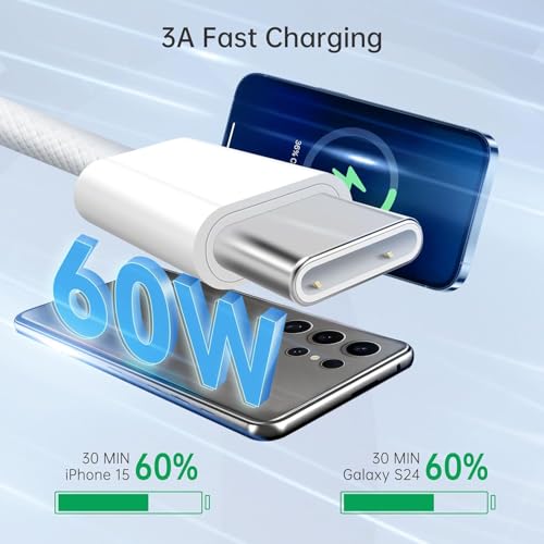 Image of NISHTECH 60W USB C to USB C Cable (3ft, White) - Fast Charging for iPhone 15 Pro Max, iPad Pro, MacBook Pro and More (1 Pack)
