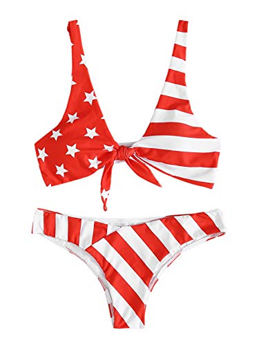 SweatyRocks Women's Bikini Set Tie Knot Front Swimsuit Star Striped Print Swimwear Set Red White S