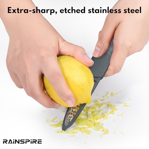 Image of Rainspire Lemon Zester Tool with Channel Knife, Stainless Steel Citrus Zester Tool, Lemon Peeler, Zesters for Kitchen, Ultra Sharp 2-in-1 Tool Easily Creates Citrus Zest, Grey
