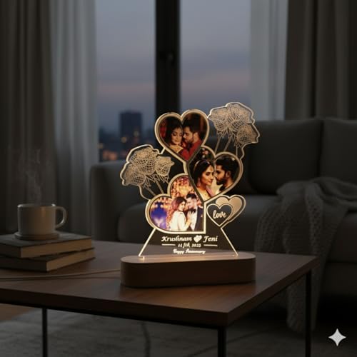 Image of Personalized LED Heart-Shaped Acrylic Photo with Custom Name & Date - Romantic Anniversary Gift for Couples - Unique Love Night Lamp with Rose Design - Customizable for Valentine's, Weddings