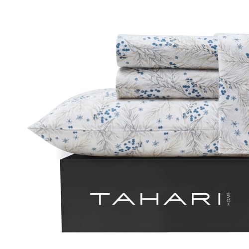 Image of Tahari Home Twin Size 3-Piece Bedding Set - 2 Sheets & 1 Matching Pillowcase | Fitted & Flat Sheets | Cozy & Warm Brushed Flannel | Soft & Breathable | Durable & Wrinkle Resistant | Pine Taupe Blue