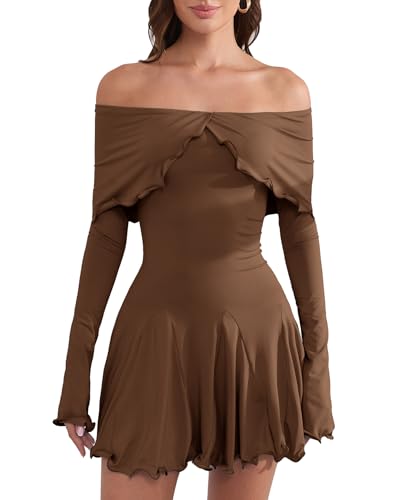 Image of Off The Shoulder Dresses for Women Long Slv Ruffle Bodycon Graduation Dress
