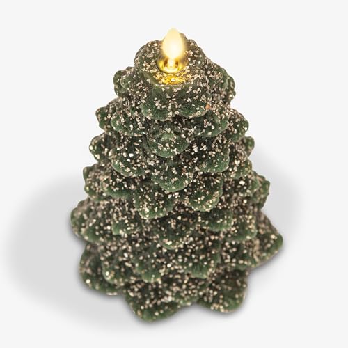 Image of Luminara Christmas Tree Flameless LED Candle, Dark Green 5.35 inch x 8.5 inch, Moving Flame Battery Operated Timer, Holiday Decor, Glitter Snow Finish Safe