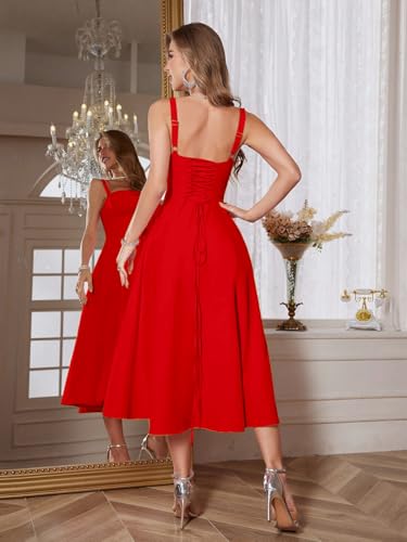 Image of Solid Lace Up Backless Ruched Boning Spaghetti Strap Slim Fit Long Cami Dress for Women's & Girl's