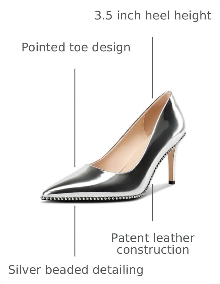 Image of TNYNFBEB Womens Stiletto Mid Heel Pointed Toe Pumps Slip-on Sliver Beaded Prom Wedding Dress Basic Classic Patent Leather 3.5 Inches Heels