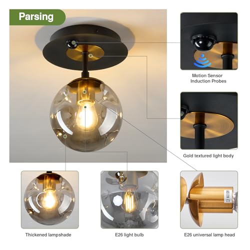Image of Motion Sensor Light Indoor 1-Light Mini Glass Globe Ceiling Light Fixture Modern Black Semi Flush Mount Light for Hallway Entryway Porch Stairway Closet