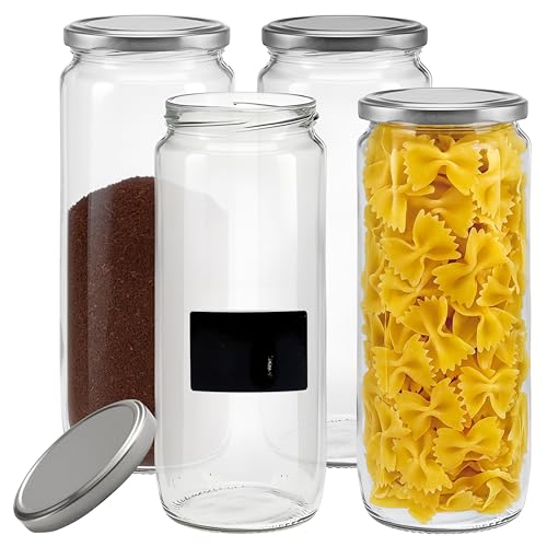 mikken 4er Set Vorratsglas 1,1 Liter mit Schraubverschluss, Einmachglas, Glasdose inkl. Beschriftungsetiketten