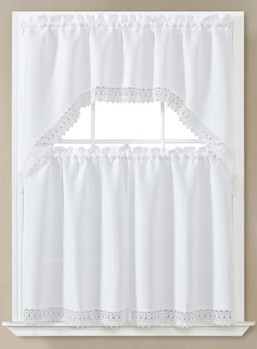 GLORY RUGS 3pc Kitchen Curtain Solid White Valance Set 1 Swag Valance and 2 Tiers 2 Tiers Width 29