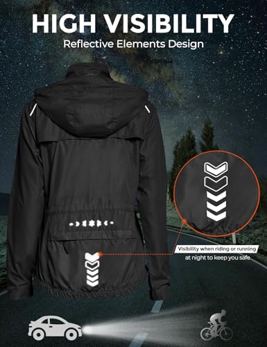 FitsT4 Sports Damen Fahrradjacke Radfahren Leichtgewicht Laufen Jacken Wasserabweisend Windbreaker Wanderjacke Reflektierend Trekking Regenjacke mit Kapuze,schwarz,L