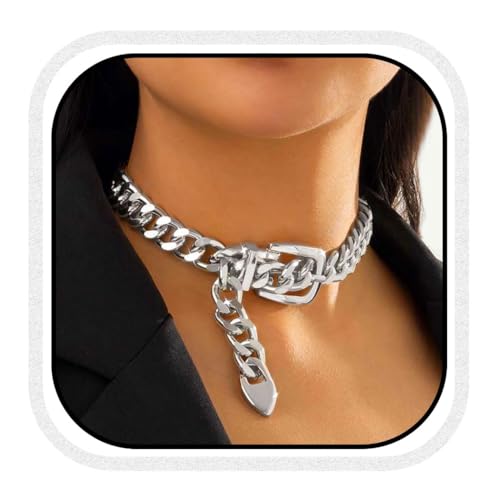 COSYDAYS Silver Chunky Choker Necklace Metal Belt Necklace Thick Cuban Chain Jewelry for Women - Main Image