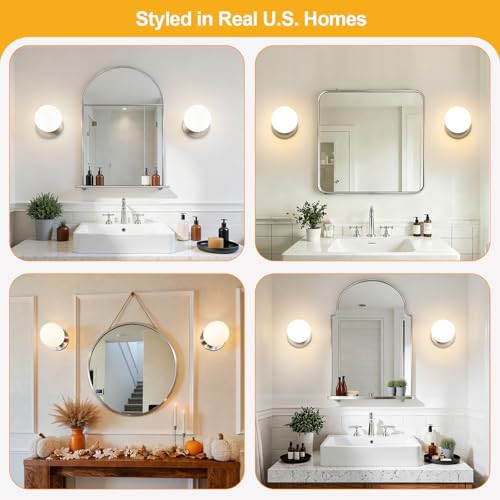 Image of 2 Pack Modern Brushed Nickel Wall Light Fixtures, Mid-Century Globe Glass Wall Sconces Set of Two for Bathroom Mirror, Living Room, Hallway, Entryway (Bulbs Not Included)