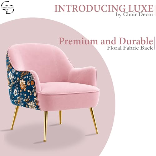 Image of Accent Chair with Ottoman | Modern Velvet Lounge Chair with Floral Designer Back | Upholstered Armchair for Living Room, Bedroom & Cafe | Golden Legs (Baby Pink Floral)