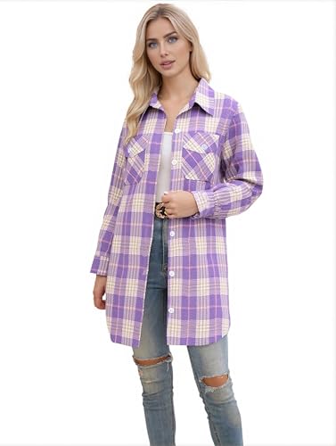Image of SANGTREE Women and Girls Oversized Flannel Plaid Shirt Mid-Length Casual Button Down Shirt with Pockets