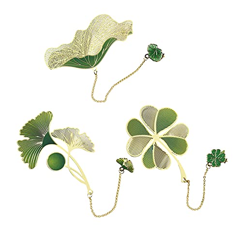 Lamptti 3 Arten Eleganter Metall Lesezeichen, Klassische Anhänger Buchmarkierung mit Quaste, Ginkgo Blatt Four Leaf Clear Lotus Blatt Design, Craft Creative Einfache Lesezeichen Cover