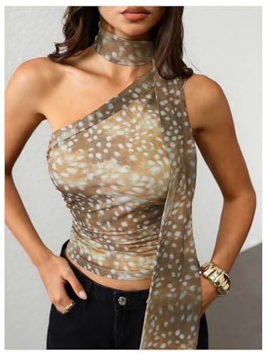 Image of RoseSeek Women's Y2K Leopard Polka Dots Halter Asymmetrical Neck Crop Tops