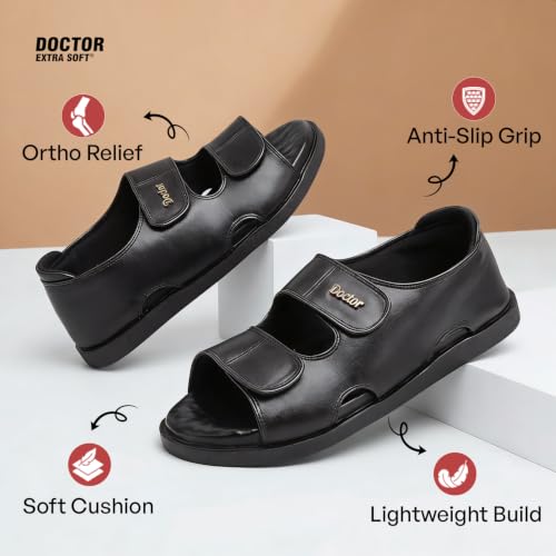 Image of DOCTOR EXTRA SOFT Orthopedic Diabetic Comfortable Dr Sole Footwear Daily Use Casual Wear Stylish Black Cushioned Adjustable Strap Sandals for Men's-Gents &Boy's L-10
