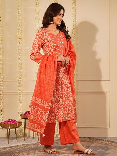 Image of Amayra Women's Pure Cotton Printed Straight Kurta Set with Palazzo Pants & Dupatta- Ethnic Wear