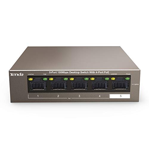 Tenda TEF1105P-4-63W POE Switch Ethernet 5 Ports 10/100 Mbps, Switch Poe 4 Ports (6KV Contre-Foudre, Plug and Play, Aucune Configuration Requise, Bureau, Boîtier Métal)