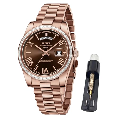 NIBOSI Mens Watches Analog Quartz Diamond Bezel Stainless Steel Brown Dial Rose Gold Watches for Men Waterproof Business Classic Dress Wrist Watch with Day Date