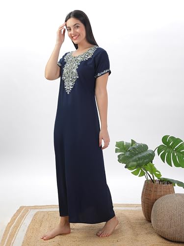 Image of 9shines Label Stylish Alpine Nighty Maxi for Women | Full Length Trendy Nightgown | Premium Nightdress | Nightwear | Heavy Embroidery Nighty with Pockets(2891)
