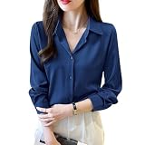 [denelunder] シャツ ブラウス レディース シフォン シワにならない事務服 柔らかい 快適 ゆったり 長袖 ノーアイロン オフィス カジュアル ファッション 通勤 春 秋 着瘦せ 7018c-NAVY-S-n