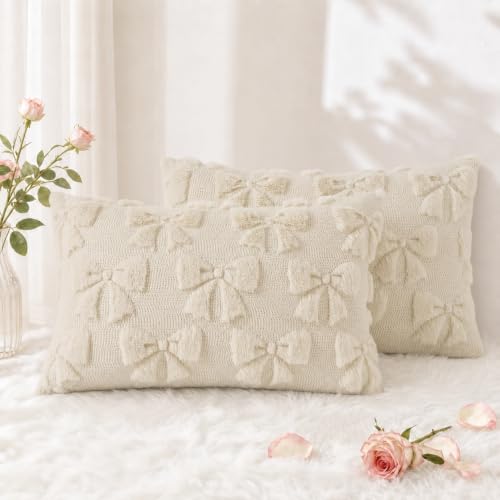 Image of decorUhome Beige Bow Pillow Covers Set of 2 Coquette Aesthetic Cute Preppy Plush Faux Pillowcases for Girly Bedroom or Couch 12x20 Inch