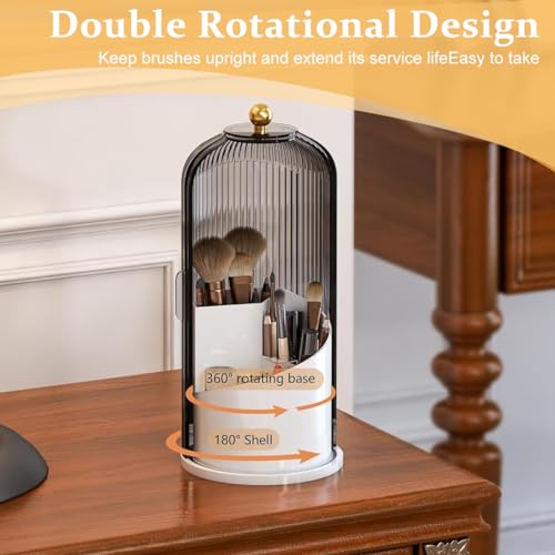 Image of MAYCREATE Plastic Cosmetics Makeup Brush Holder Organizer with Lid, 3-Grid Makeup Storage Case 360 Rotatable Dustproof Makeup Brushes Organizer Stand for Vanity Desktop Bathroom-Grey