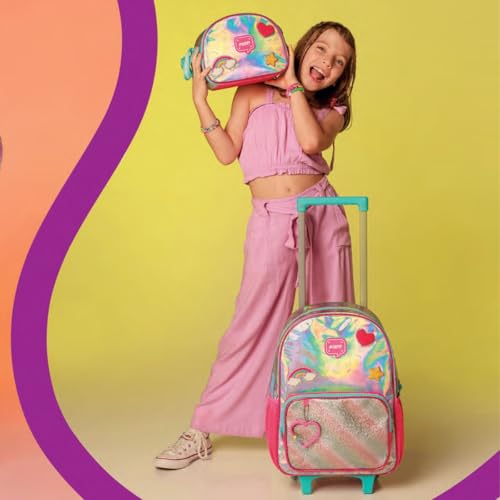 Kit Mochila Carrinho Holográfica com Lancheira térmica e Estojo Feminino Infantil